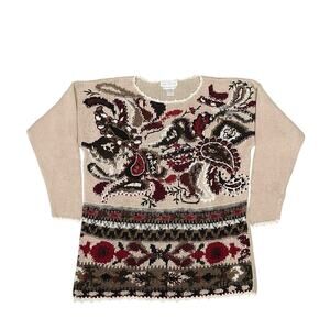 Casual Corner Knitted by Hand Embroidered Paisley Sweater Sz L Beige Cottagecore